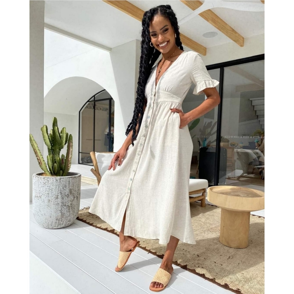 Petal & Pup | Miraloma Button Front Ruffle Sleeve Linen Midi Dress Nwt
